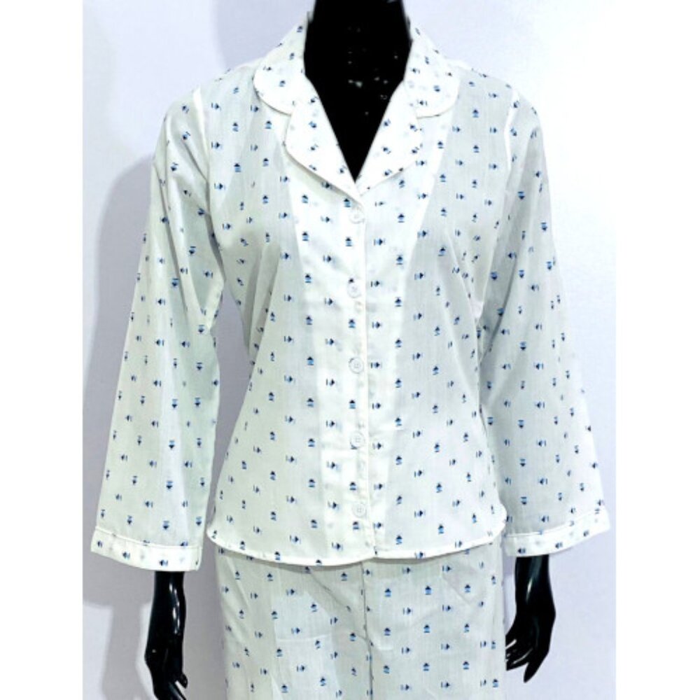 SoieRose 100% Cotton White and Blue Print Pajama Set - SR1079